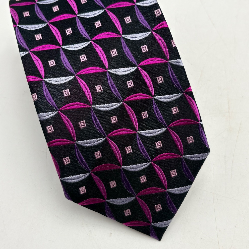 Zianetti Italian‎ Silk Collection Mens Tie Black Pink Purple Geometric 60x3